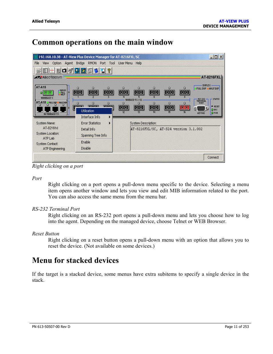 Common operations on the main window, Menu for stacked devices | Allied Telesis AT-VIEW PLUS 2.4 DEVICE MANAGEMENT User Manual | Page 11 / 253