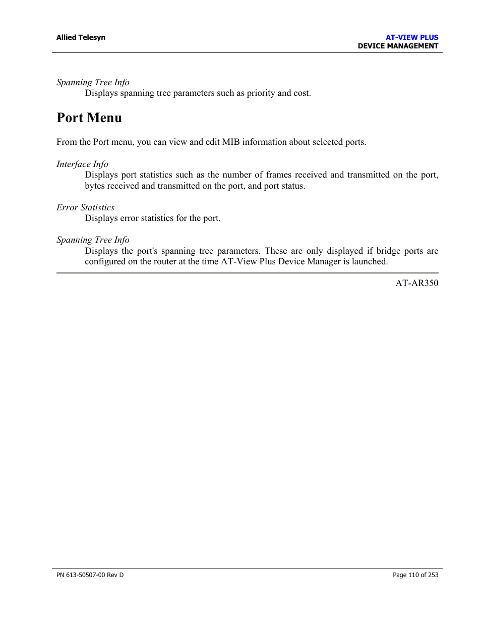 Port menu | Allied Telesis AT-VIEW PLUS 2.4 DEVICE MANAGEMENT User Manual | Page 110 / 253