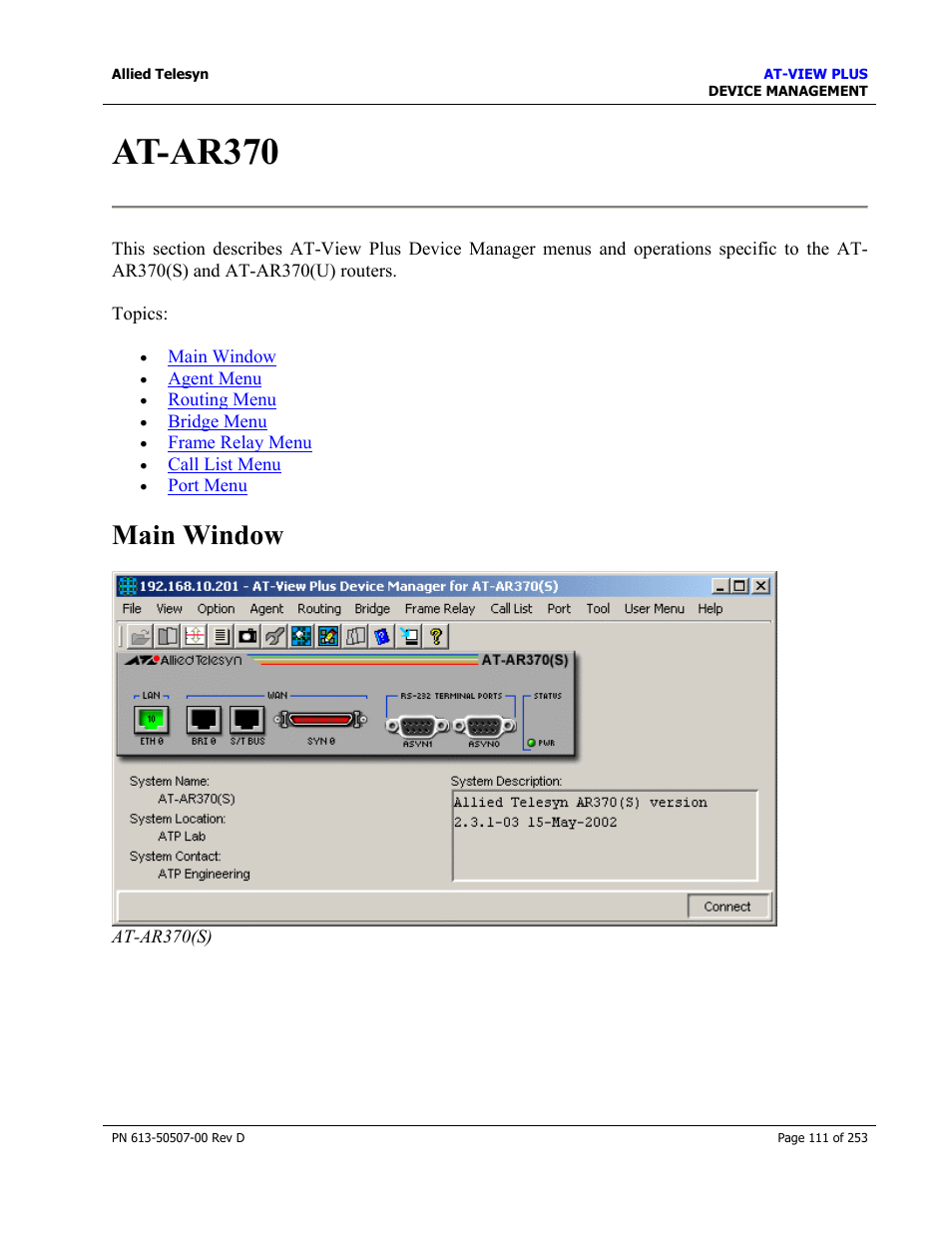 At-ar370, Main window | Allied Telesis AT-VIEW PLUS 2.4 DEVICE MANAGEMENT User Manual | Page 111 / 253