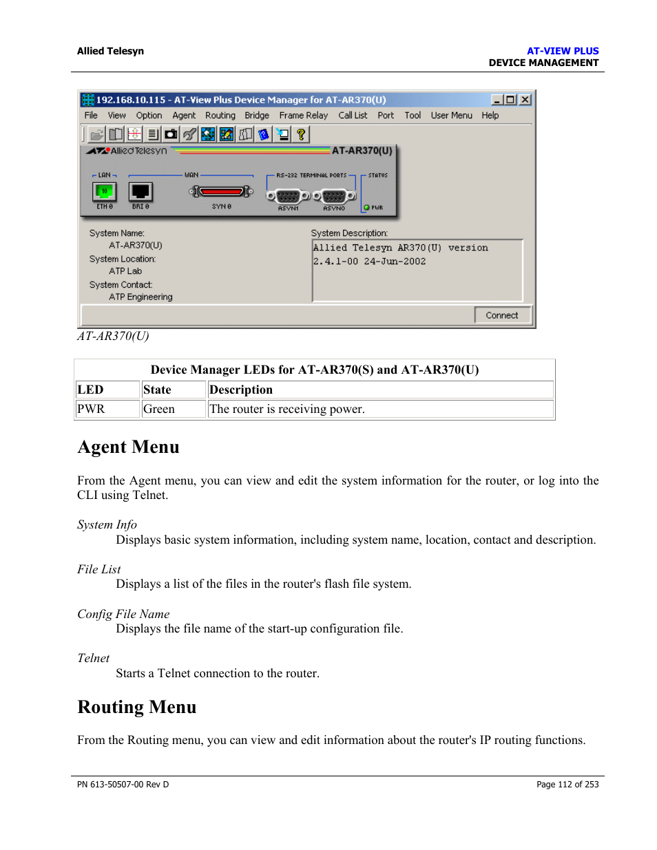 Agent menu, Routing menu, Agent menu routing menu | Allied Telesis AT-VIEW PLUS 2.4 DEVICE MANAGEMENT User Manual | Page 112 / 253