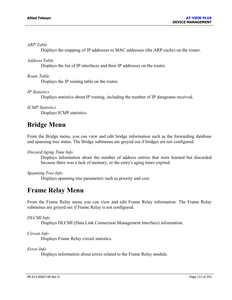 Bridge menu, Frame relay menu, Bridge menu frame relay menu | Allied Telesis AT-VIEW PLUS 2.4 DEVICE MANAGEMENT User Manual | Page 113 / 253