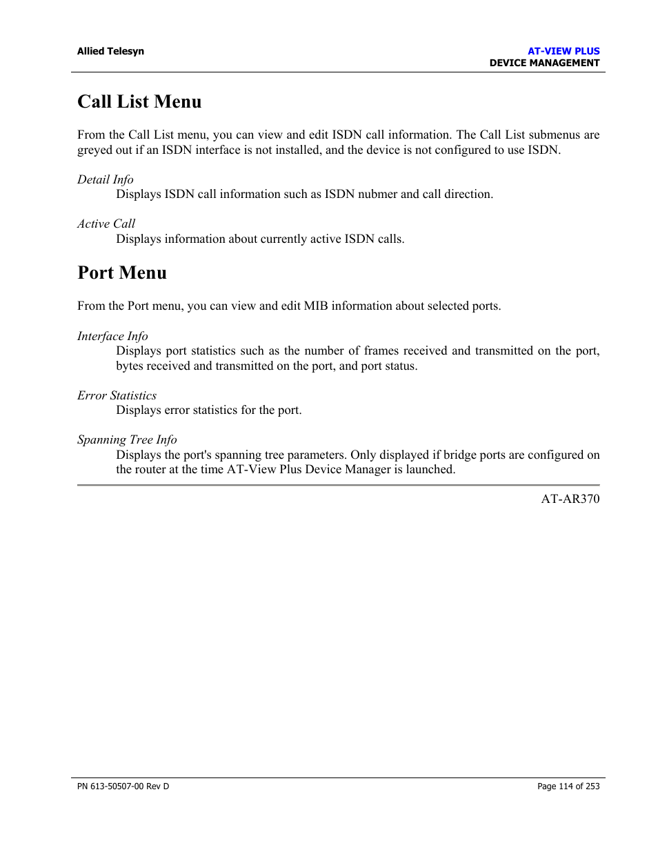 Call list menu, Port menu, Call list menu port menu | Allied Telesis AT-VIEW PLUS 2.4 DEVICE MANAGEMENT User Manual | Page 114 / 253