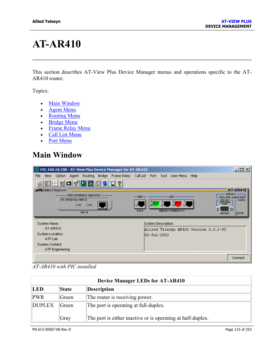 At-ar410, Main window | Allied Telesis AT-VIEW PLUS 2.4 DEVICE MANAGEMENT User Manual | Page 115 / 253