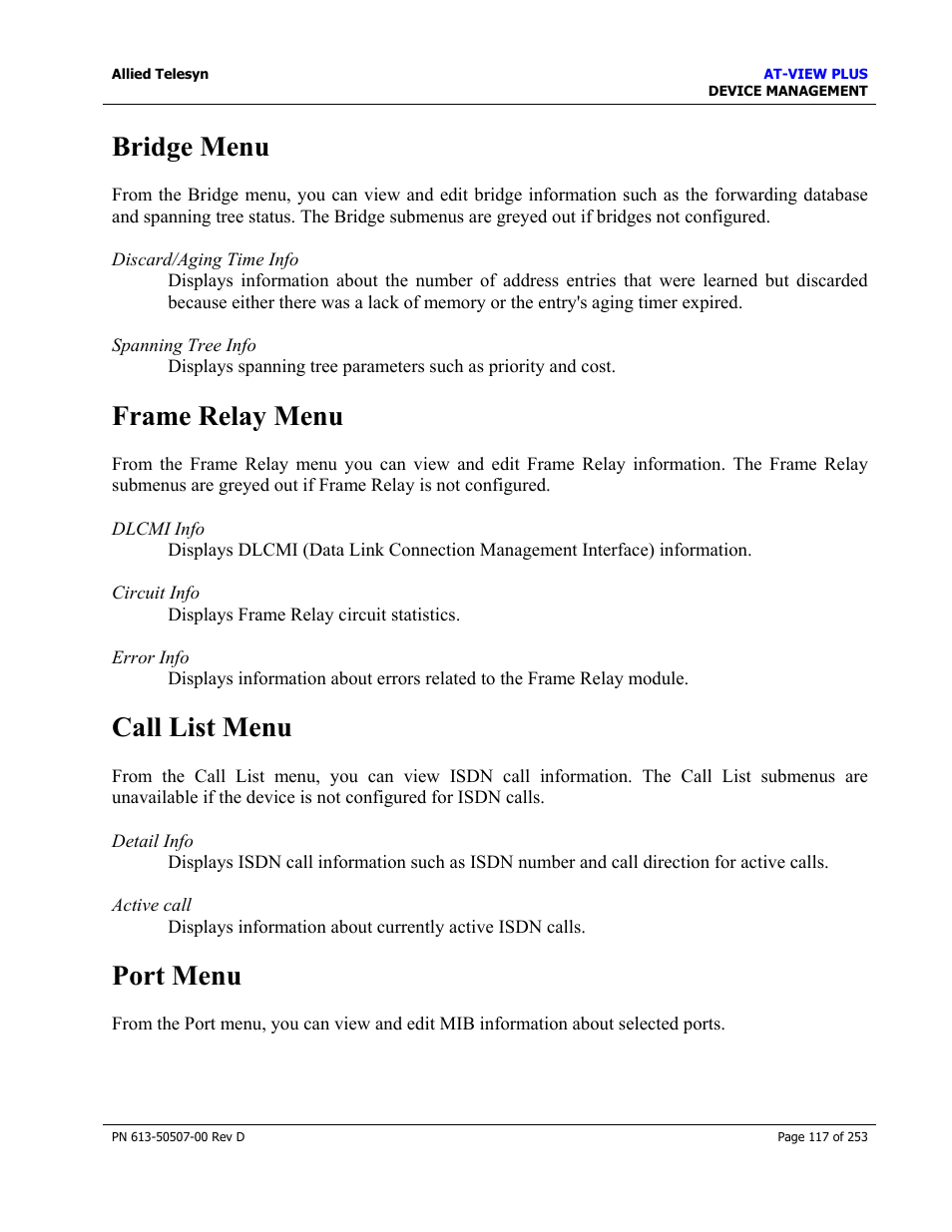 Bridge menu, Frame relay menu, Call list menu | Port menu | Allied Telesis AT-VIEW PLUS 2.4 DEVICE MANAGEMENT User Manual | Page 117 / 253