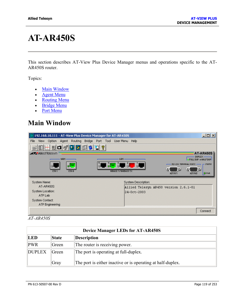 At-ar450s, Main window | Allied Telesis AT-VIEW PLUS 2.4 DEVICE MANAGEMENT User Manual | Page 119 / 253