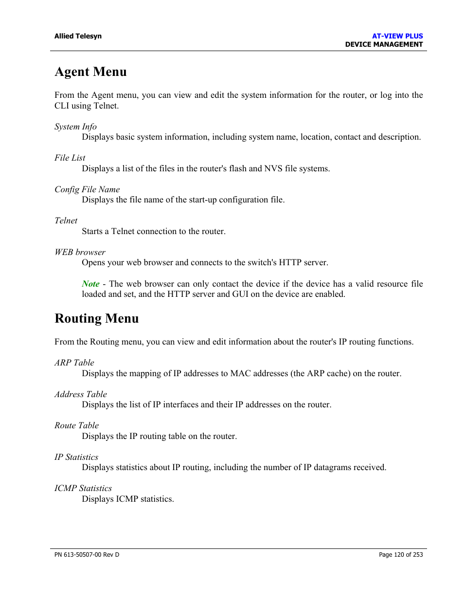 Agent menu, Routing menu, Bridge menu | Allied Telesis AT-VIEW PLUS 2.4 DEVICE MANAGEMENT User Manual | Page 120 / 253