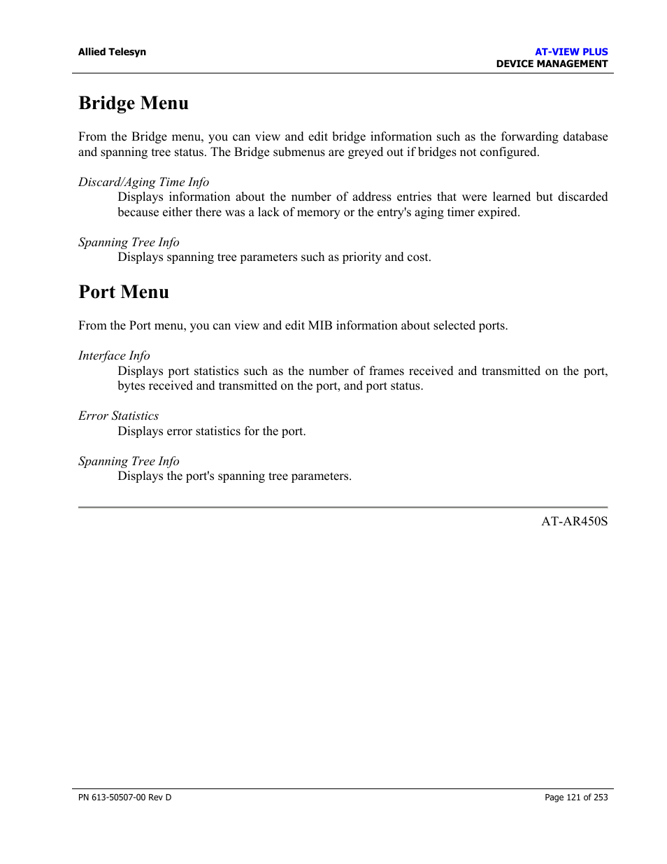 Bridge menu, Port menu, Bridge menu port menu | Allied Telesis AT-VIEW PLUS 2.4 DEVICE MANAGEMENT User Manual | Page 121 / 253