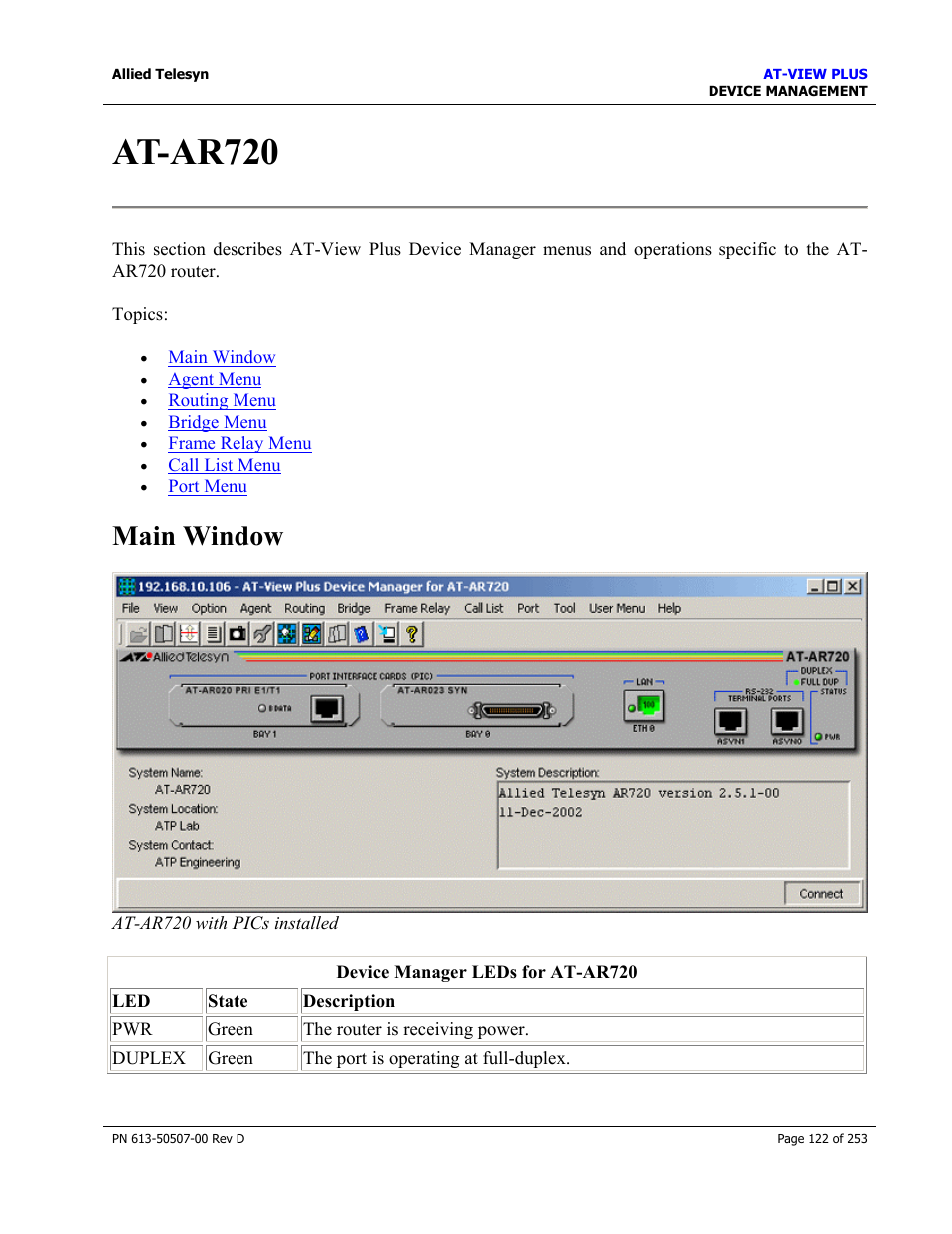 At-ar720, Main window | Allied Telesis AT-VIEW PLUS 2.4 DEVICE MANAGEMENT User Manual | Page 122 / 253