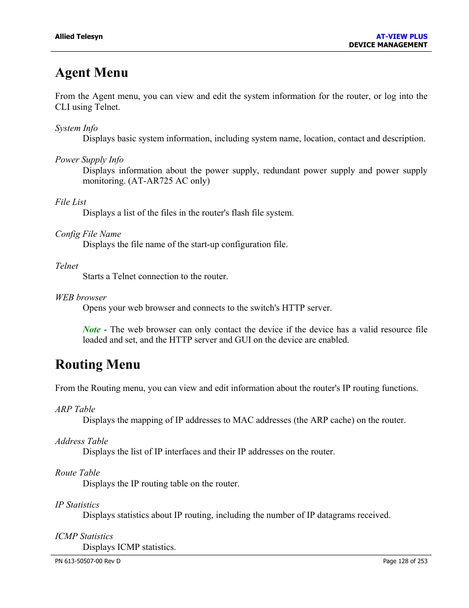 Agent menu, Routing menu, Agent menu routing menu | Allied Telesis AT-VIEW PLUS 2.4 DEVICE MANAGEMENT User Manual | Page 128 / 253