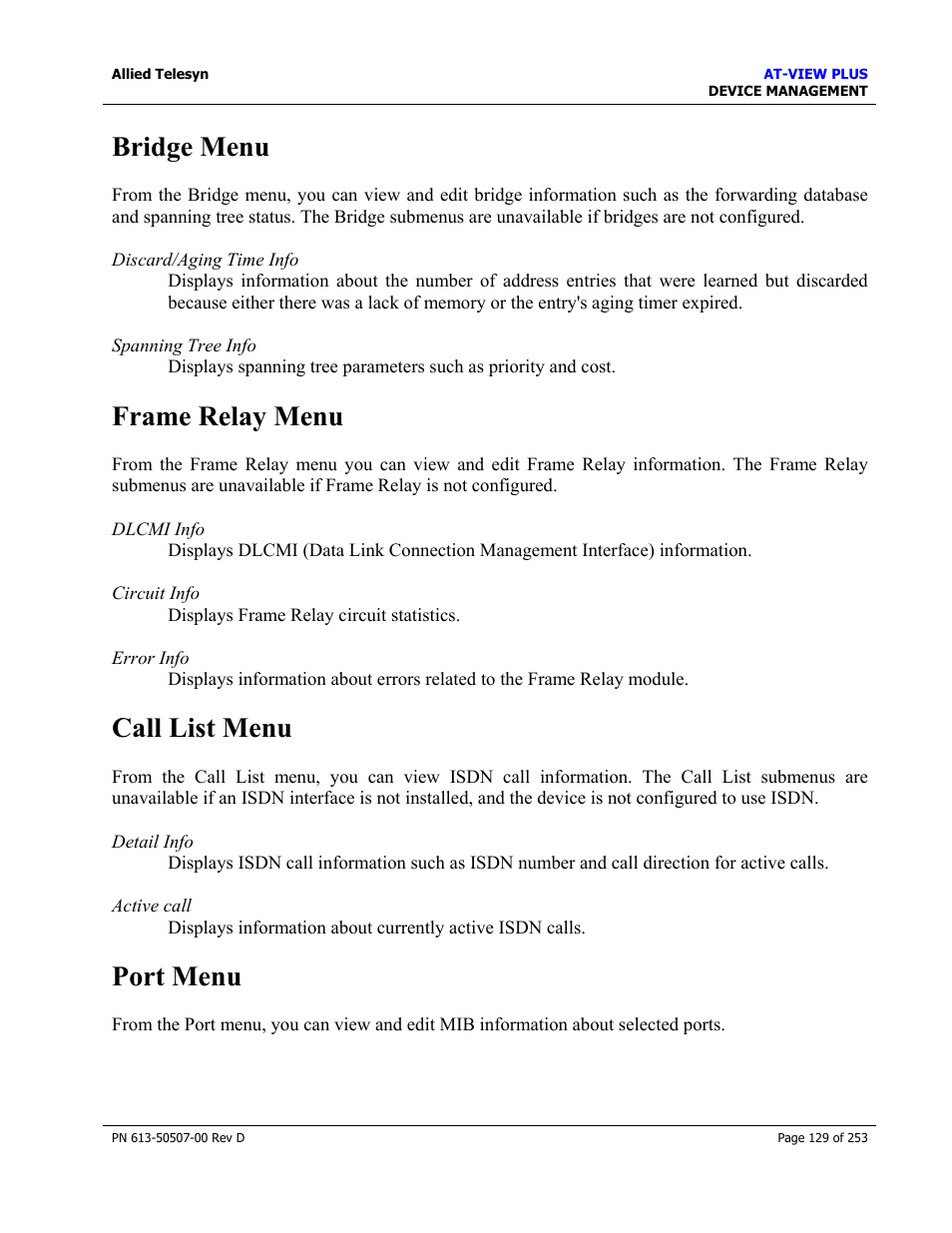 Bridge menu, Frame relay menu, Call list menu | Port menu | Allied Telesis AT-VIEW PLUS 2.4 DEVICE MANAGEMENT User Manual | Page 129 / 253