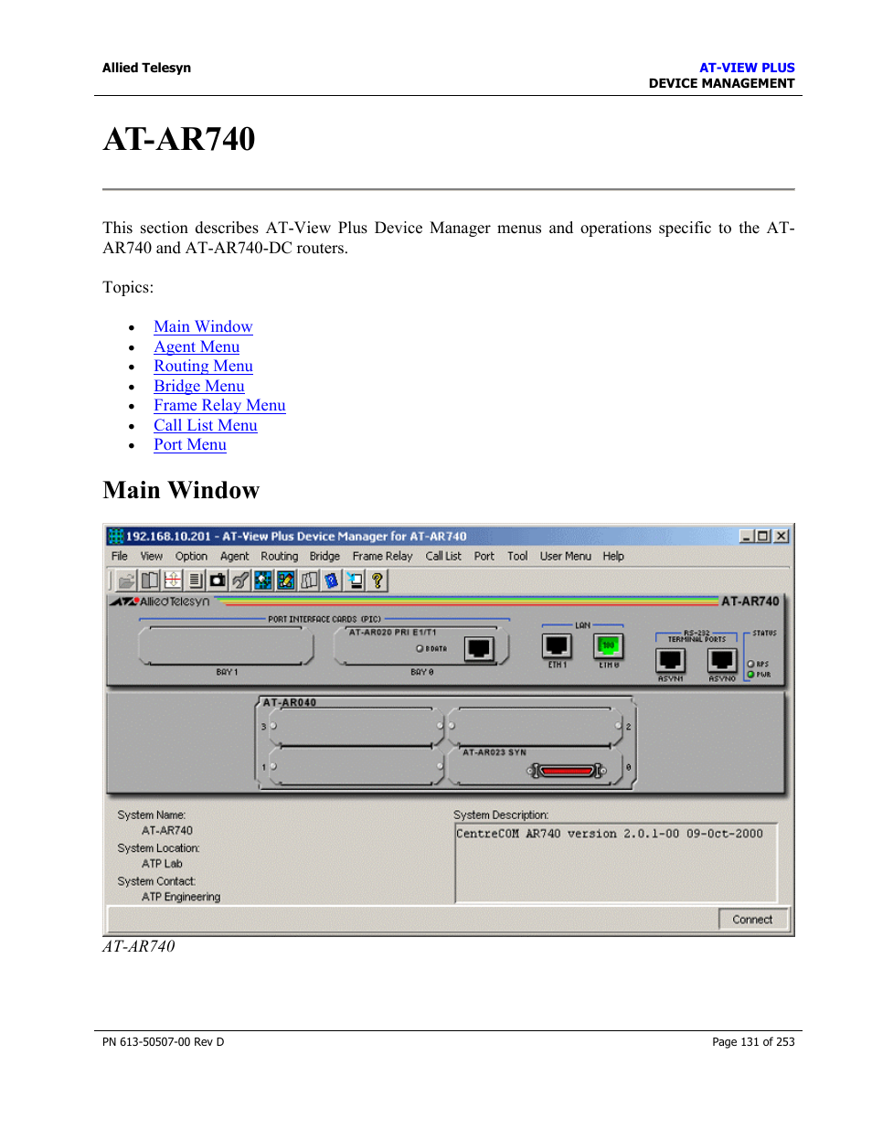 At-ar740, Main window | Allied Telesis AT-VIEW PLUS 2.4 DEVICE MANAGEMENT User Manual | Page 131 / 253