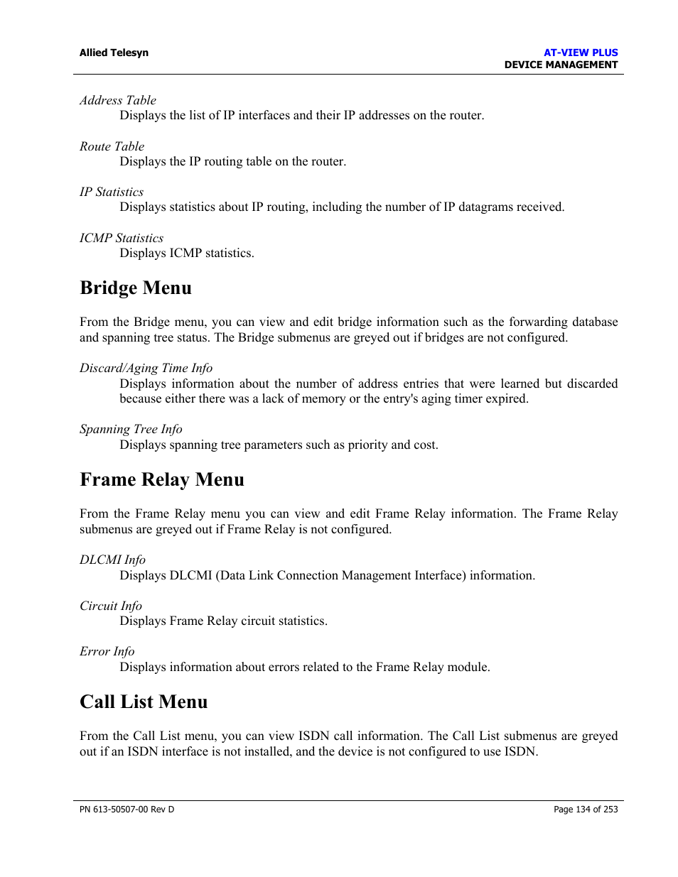 Bridge menu, Frame relay menu, Call list menu | Bridge menu frame relay menu call list menu | Allied Telesis AT-VIEW PLUS 2.4 DEVICE MANAGEMENT User Manual | Page 134 / 253