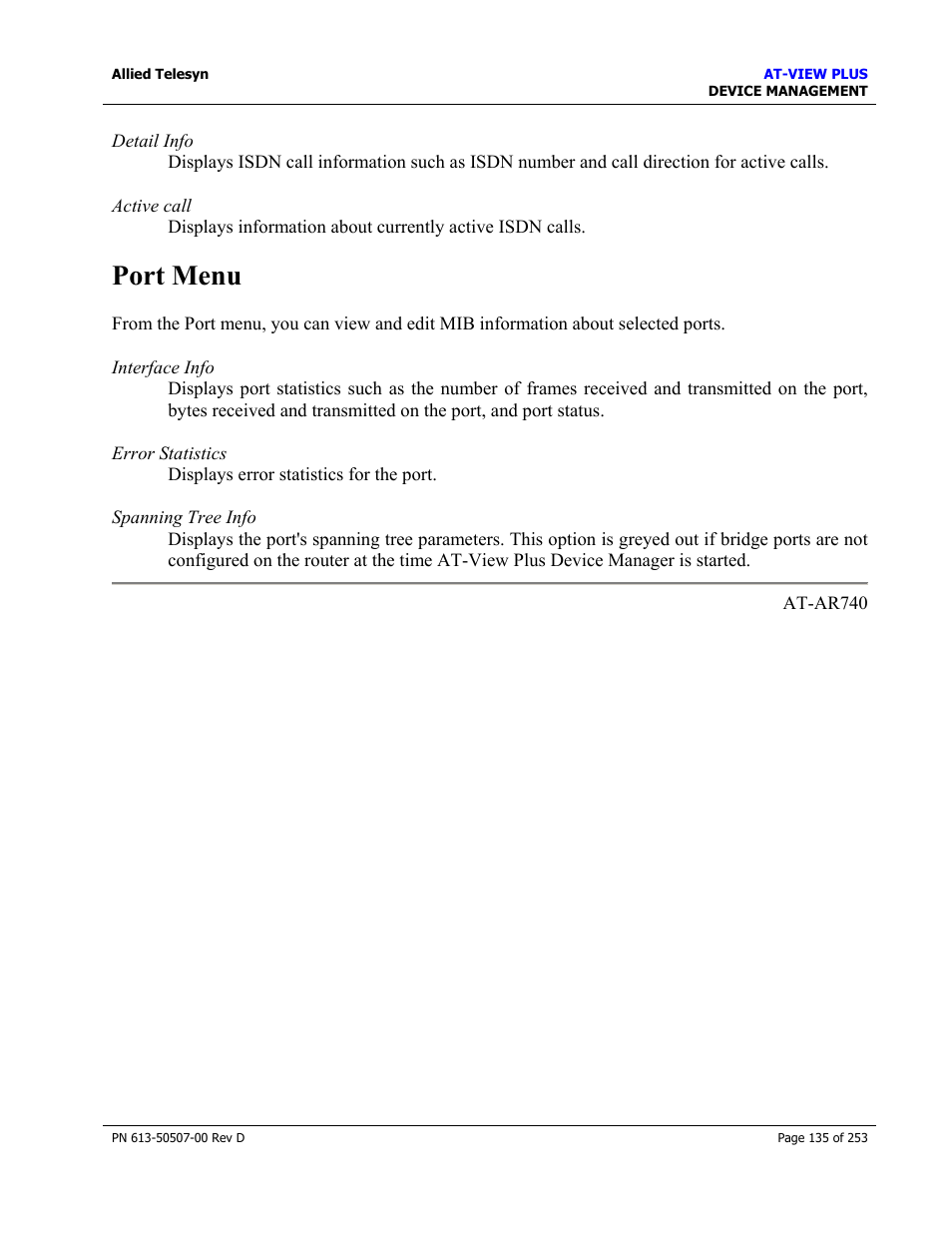 Port menu | Allied Telesis AT-VIEW PLUS 2.4 DEVICE MANAGEMENT User Manual | Page 135 / 253