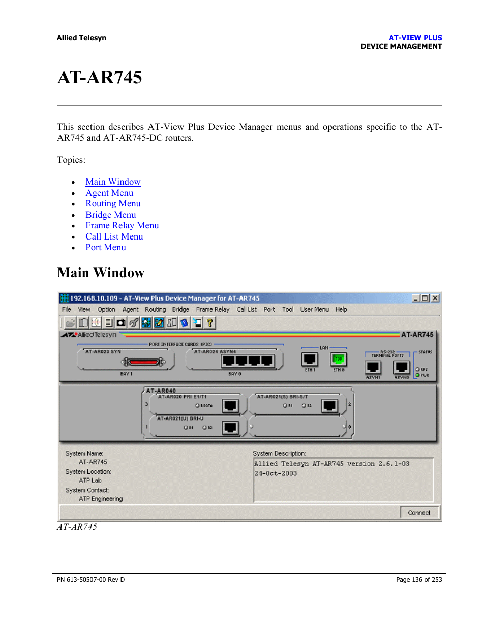 At-ar745, Main window | Allied Telesis AT-VIEW PLUS 2.4 DEVICE MANAGEMENT User Manual | Page 136 / 253