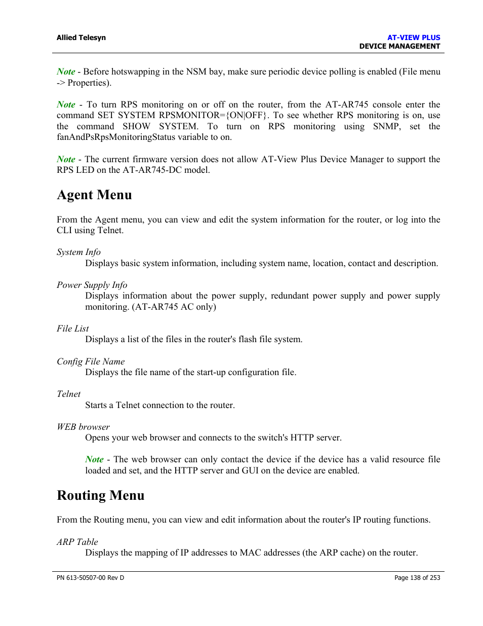 Agent menu, Routing menu, Agent menu routing menu | Allied Telesis AT-VIEW PLUS 2.4 DEVICE MANAGEMENT User Manual | Page 138 / 253