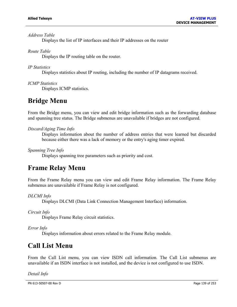 Bridge menu, Frame relay menu, Call list menu | Bridge menu frame relay menu call list menu | Allied Telesis AT-VIEW PLUS 2.4 DEVICE MANAGEMENT User Manual | Page 139 / 253