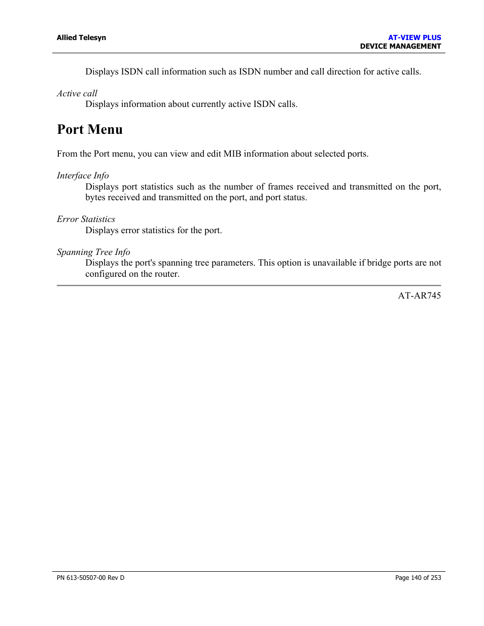 Port menu | Allied Telesis AT-VIEW PLUS 2.4 DEVICE MANAGEMENT User Manual | Page 140 / 253