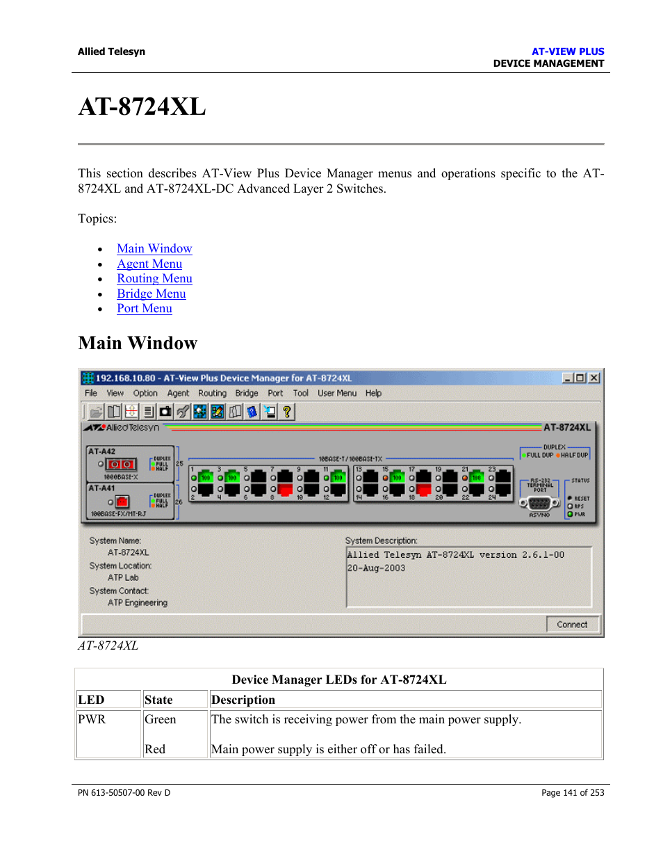 At-8724xl, Main window | Allied Telesis AT-VIEW PLUS 2.4 DEVICE MANAGEMENT User Manual | Page 141 / 253