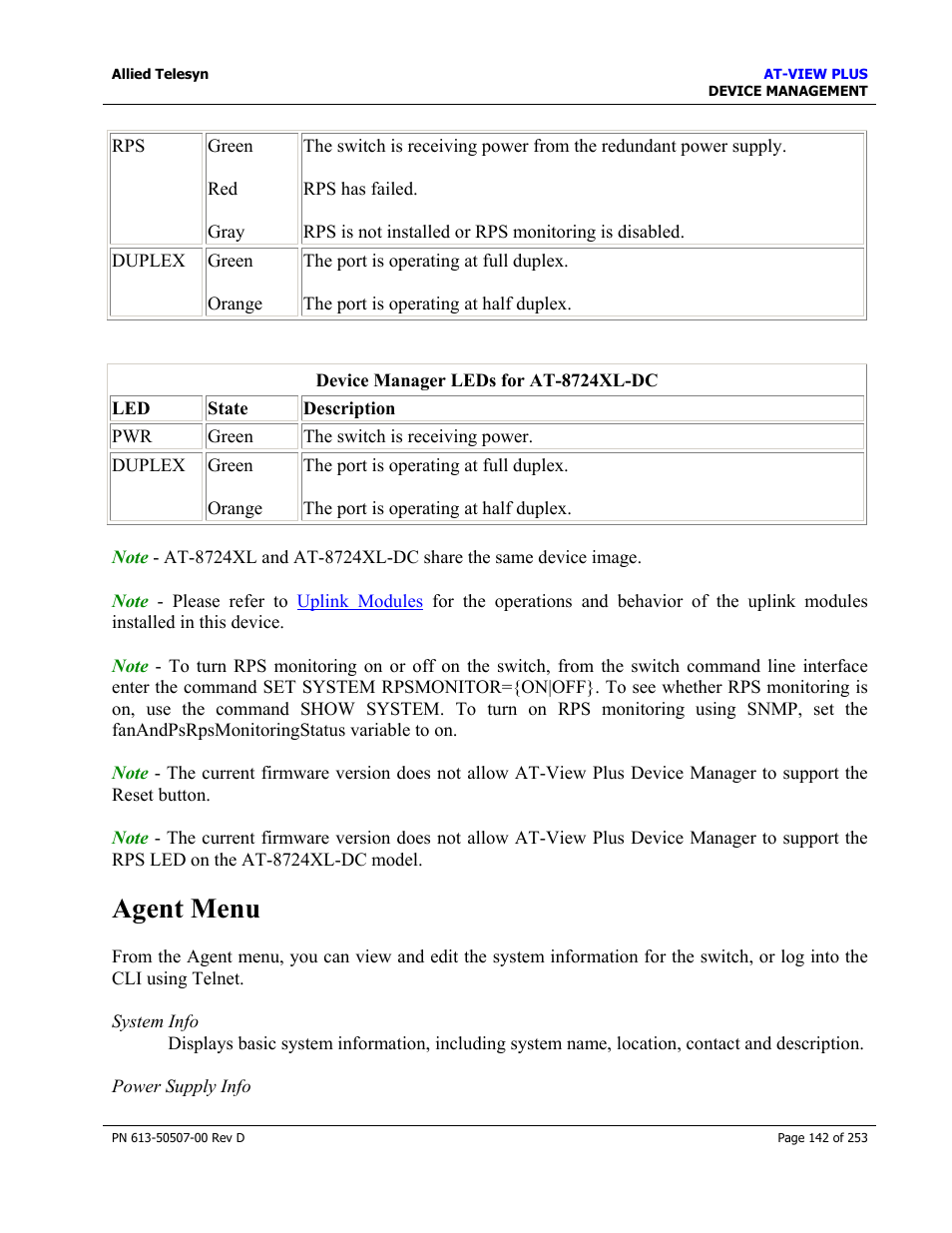 Agent menu | Allied Telesis AT-VIEW PLUS 2.4 DEVICE MANAGEMENT User Manual | Page 142 / 253