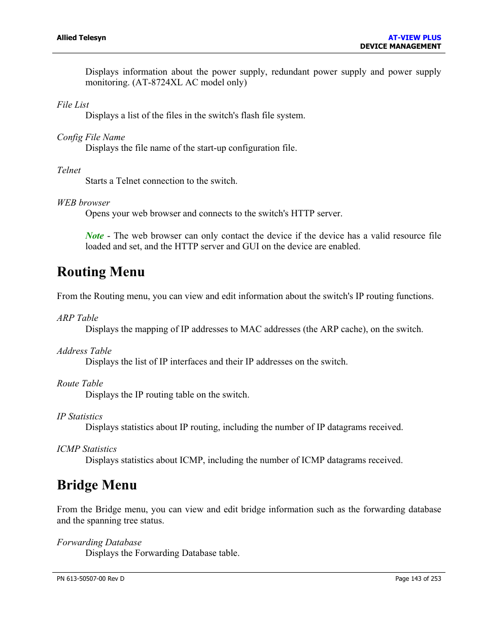 Routing menu, Bridge menu, Routing menu bridge menu | Allied Telesis AT-VIEW PLUS 2.4 DEVICE MANAGEMENT User Manual | Page 143 / 253