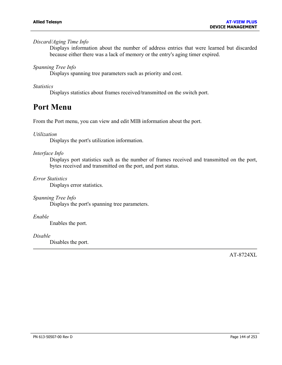 Port menu | Allied Telesis AT-VIEW PLUS 2.4 DEVICE MANAGEMENT User Manual | Page 144 / 253