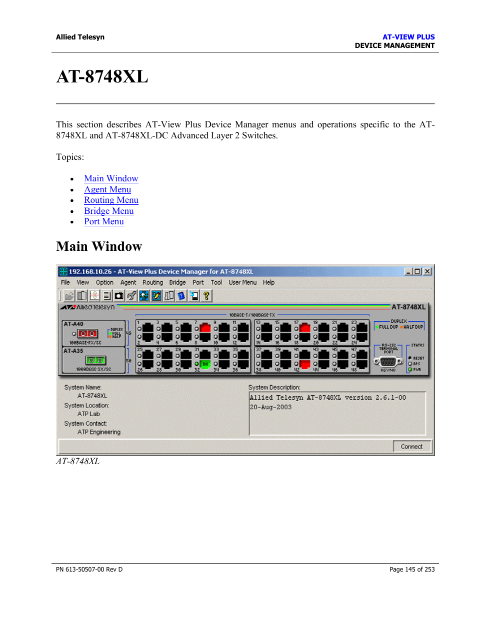 At-8748xl, Main window | Allied Telesis AT-VIEW PLUS 2.4 DEVICE MANAGEMENT User Manual | Page 145 / 253