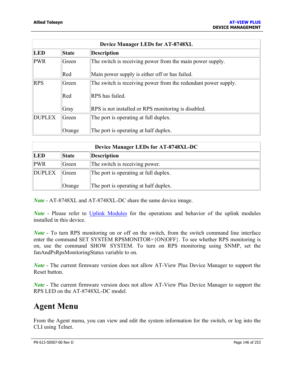 Agent menu | Allied Telesis AT-VIEW PLUS 2.4 DEVICE MANAGEMENT User Manual | Page 146 / 253