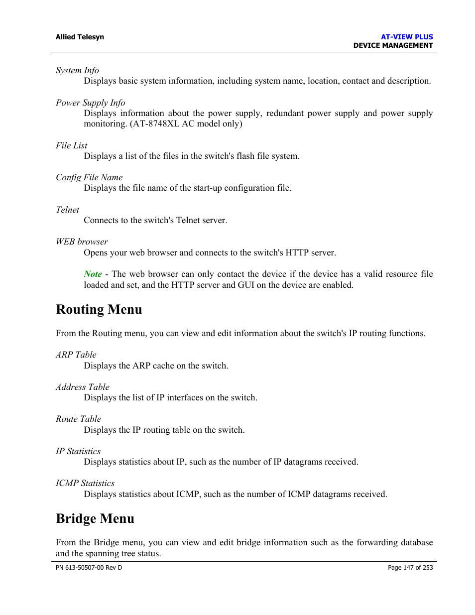 Routing menu, Bridge menu, Routing menu bridge menu | Allied Telesis AT-VIEW PLUS 2.4 DEVICE MANAGEMENT User Manual | Page 147 / 253