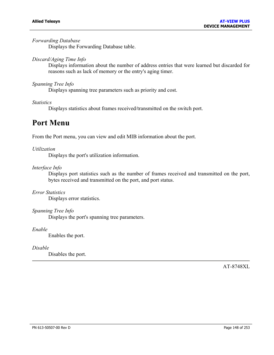 Port menu | Allied Telesis AT-VIEW PLUS 2.4 DEVICE MANAGEMENT User Manual | Page 148 / 253