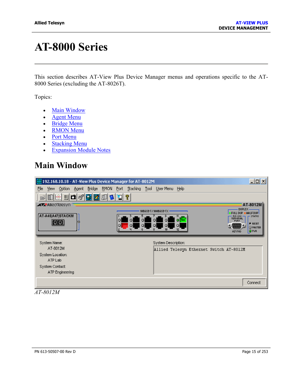 At-8000 series, Main window | Allied Telesis AT-VIEW PLUS 2.4 DEVICE MANAGEMENT User Manual | Page 15 / 253