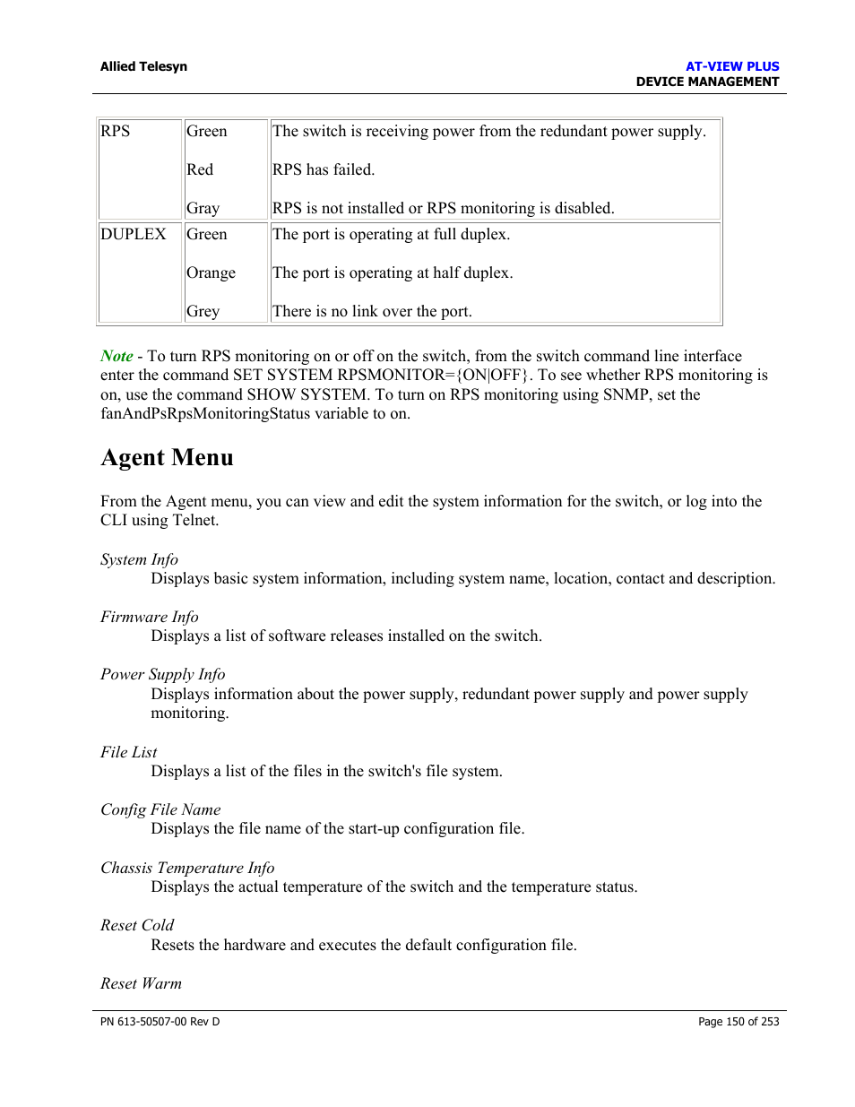 Agent menu | Allied Telesis AT-VIEW PLUS 2.4 DEVICE MANAGEMENT User Manual | Page 150 / 253
