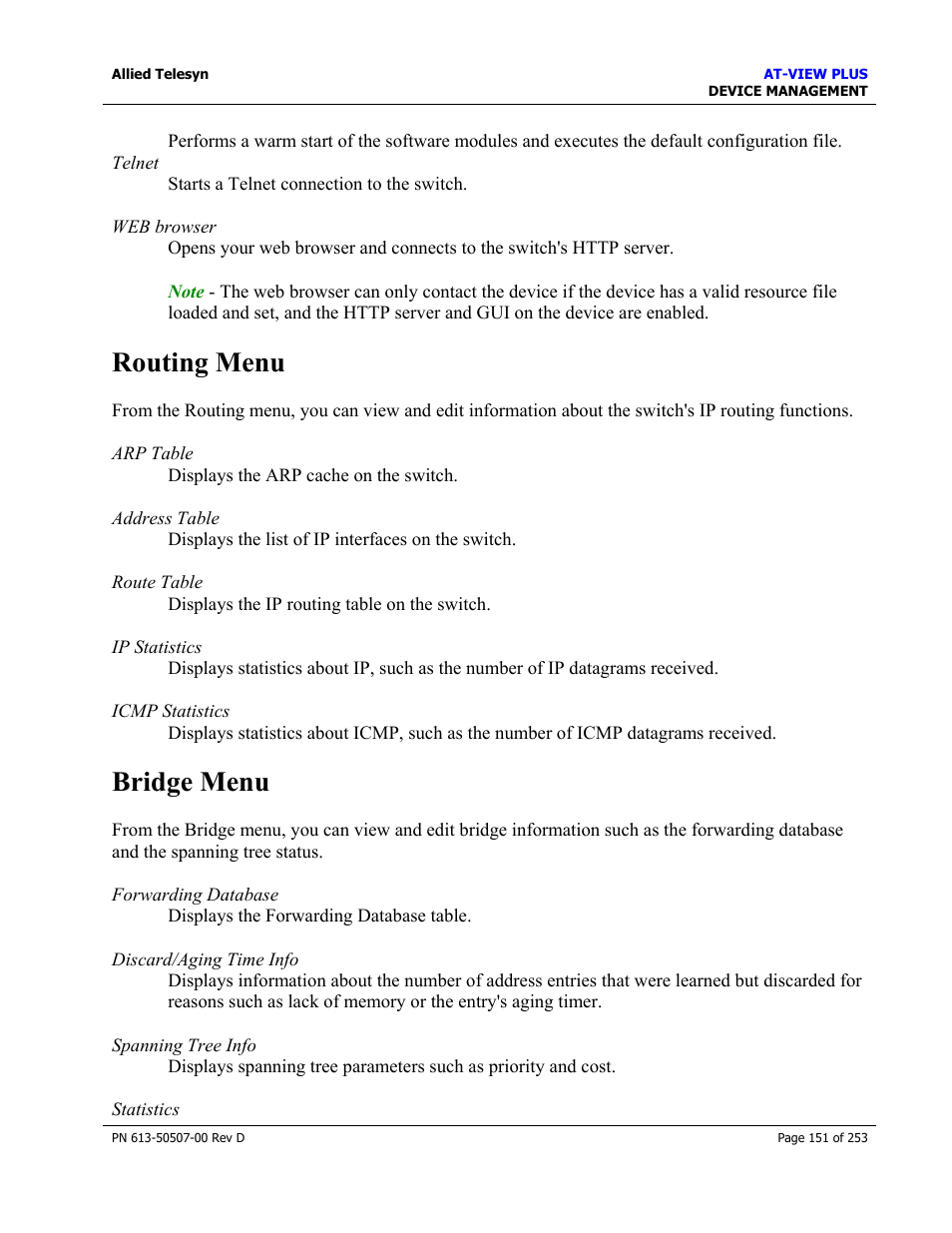 Routing menu, Bridge menu, Routing menu bridge menu | Allied Telesis AT-VIEW PLUS 2.4 DEVICE MANAGEMENT User Manual | Page 151 / 253