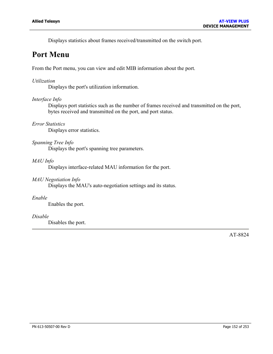 Port menu | Allied Telesis AT-VIEW PLUS 2.4 DEVICE MANAGEMENT User Manual | Page 152 / 253
