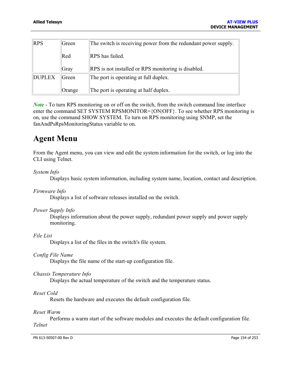 Agent menu | Allied Telesis AT-VIEW PLUS 2.4 DEVICE MANAGEMENT User Manual | Page 154 / 253