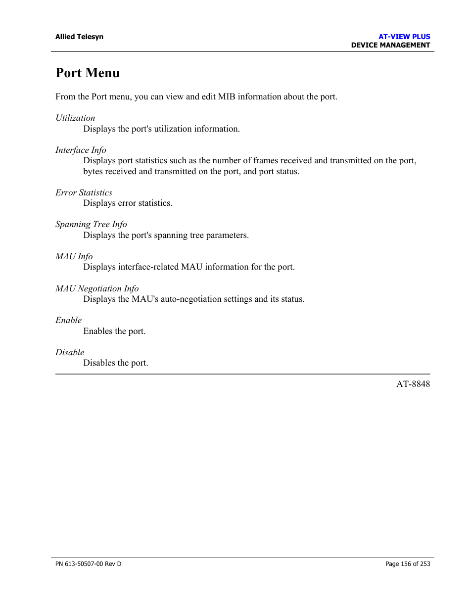 Port menu | Allied Telesis AT-VIEW PLUS 2.4 DEVICE MANAGEMENT User Manual | Page 156 / 253