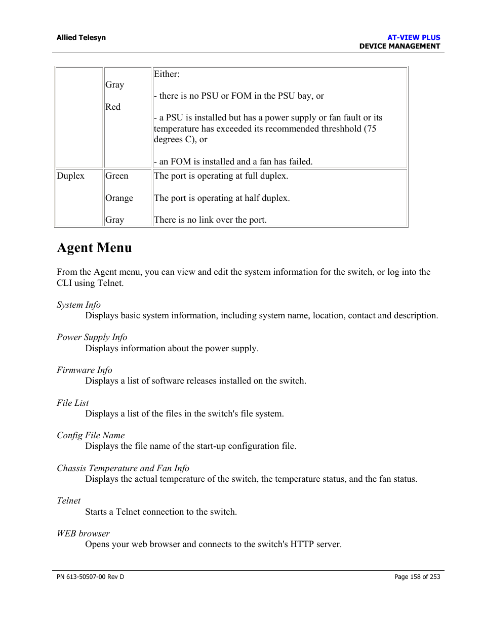 Agent menu | Allied Telesis AT-VIEW PLUS 2.4 DEVICE MANAGEMENT User Manual | Page 158 / 253