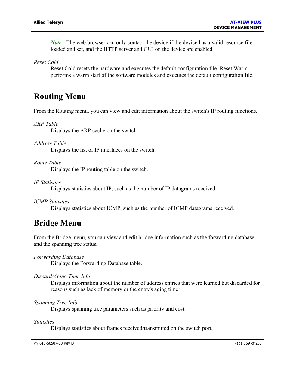 Routing menu, Bridge menu, Routing menu bridge menu | Allied Telesis AT-VIEW PLUS 2.4 DEVICE MANAGEMENT User Manual | Page 159 / 253