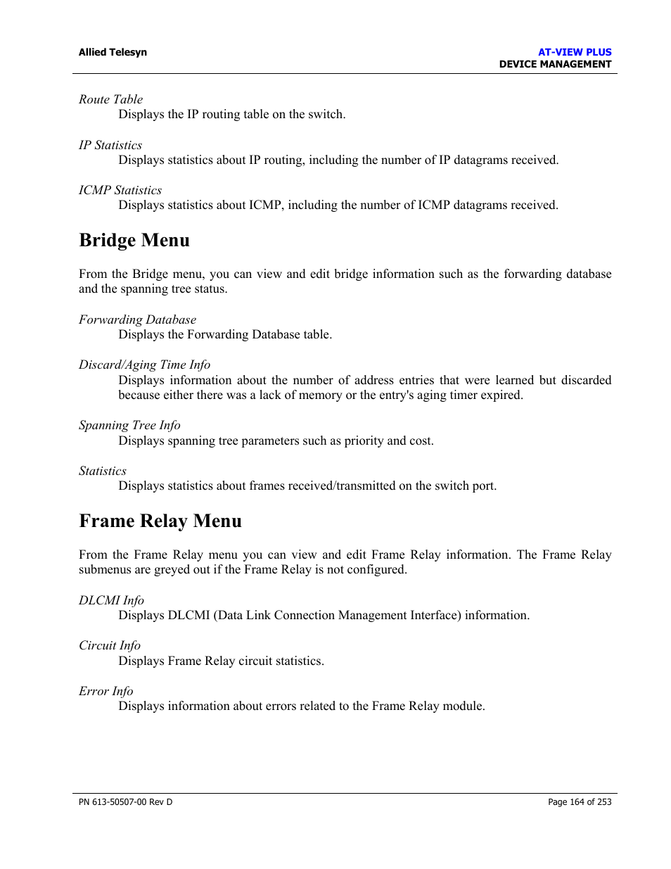 Bridge menu, Frame relay menu, Bridge menu frame relay menu | Allied Telesis AT-VIEW PLUS 2.4 DEVICE MANAGEMENT User Manual | Page 164 / 253