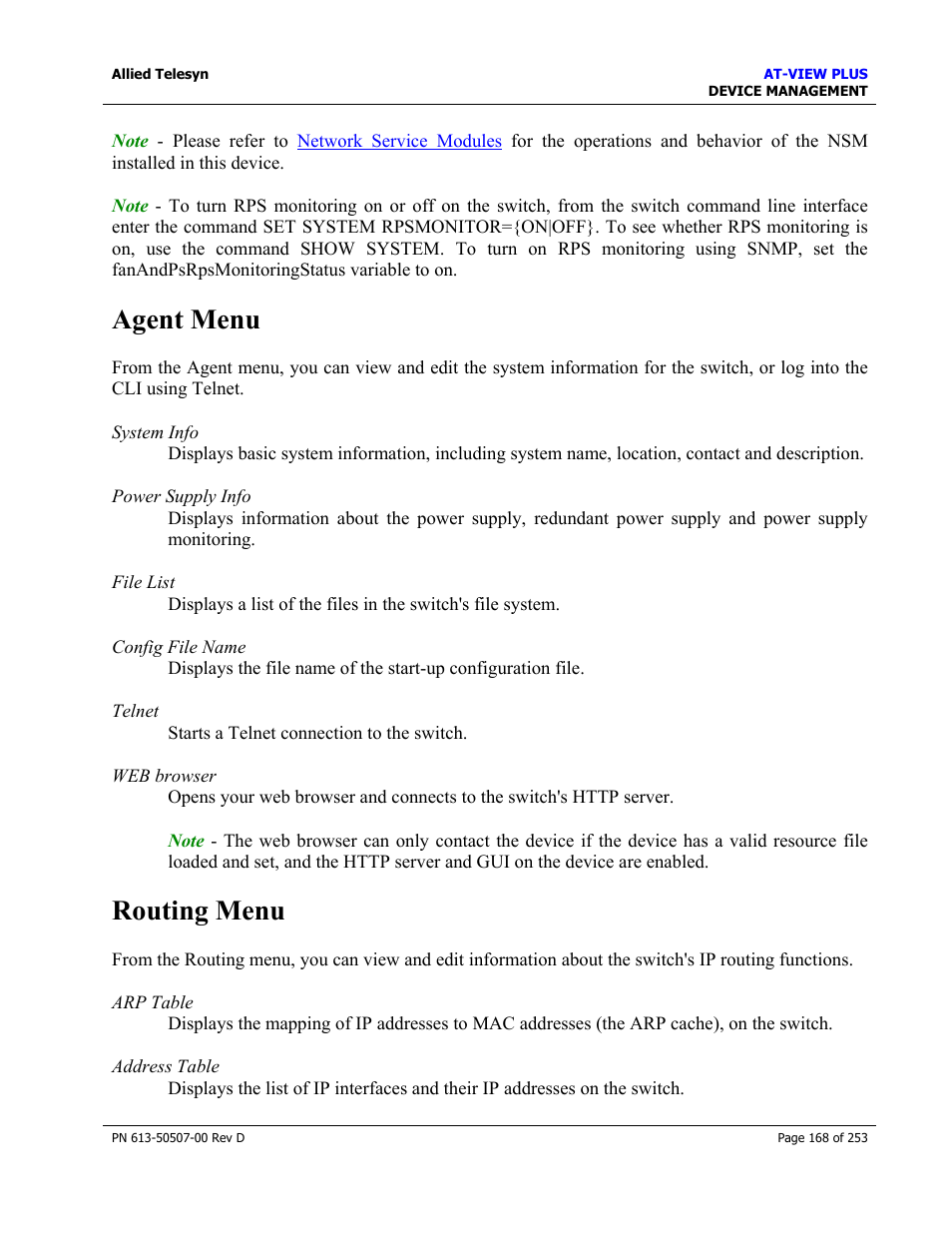 Agent menu, Routing menu, Agent menu routing menu | Allied Telesis AT-VIEW PLUS 2.4 DEVICE MANAGEMENT User Manual | Page 168 / 253