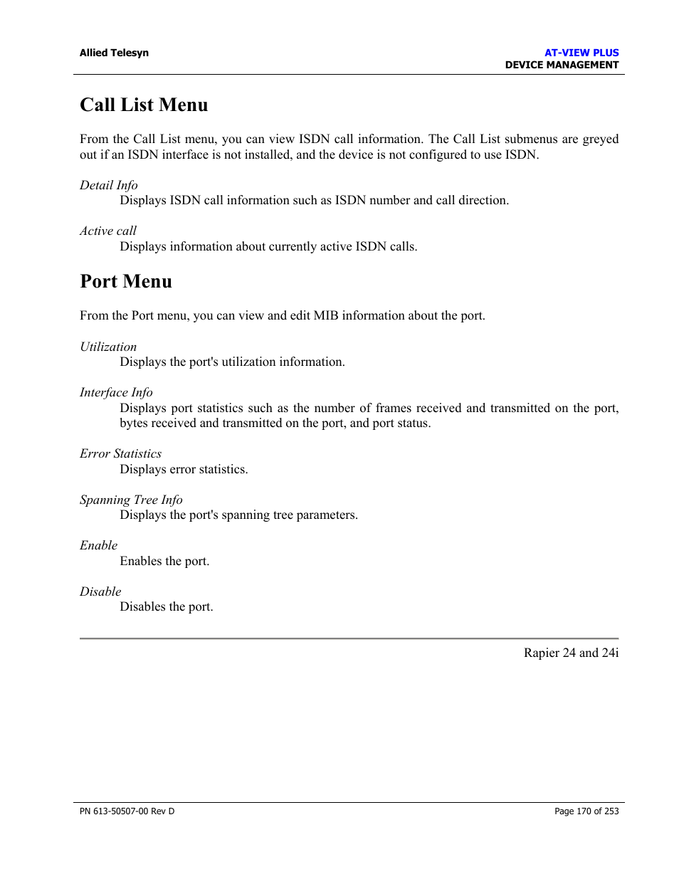 Call list menu, Port menu, Call list menu port menu | Allied Telesis AT-VIEW PLUS 2.4 DEVICE MANAGEMENT User Manual | Page 170 / 253