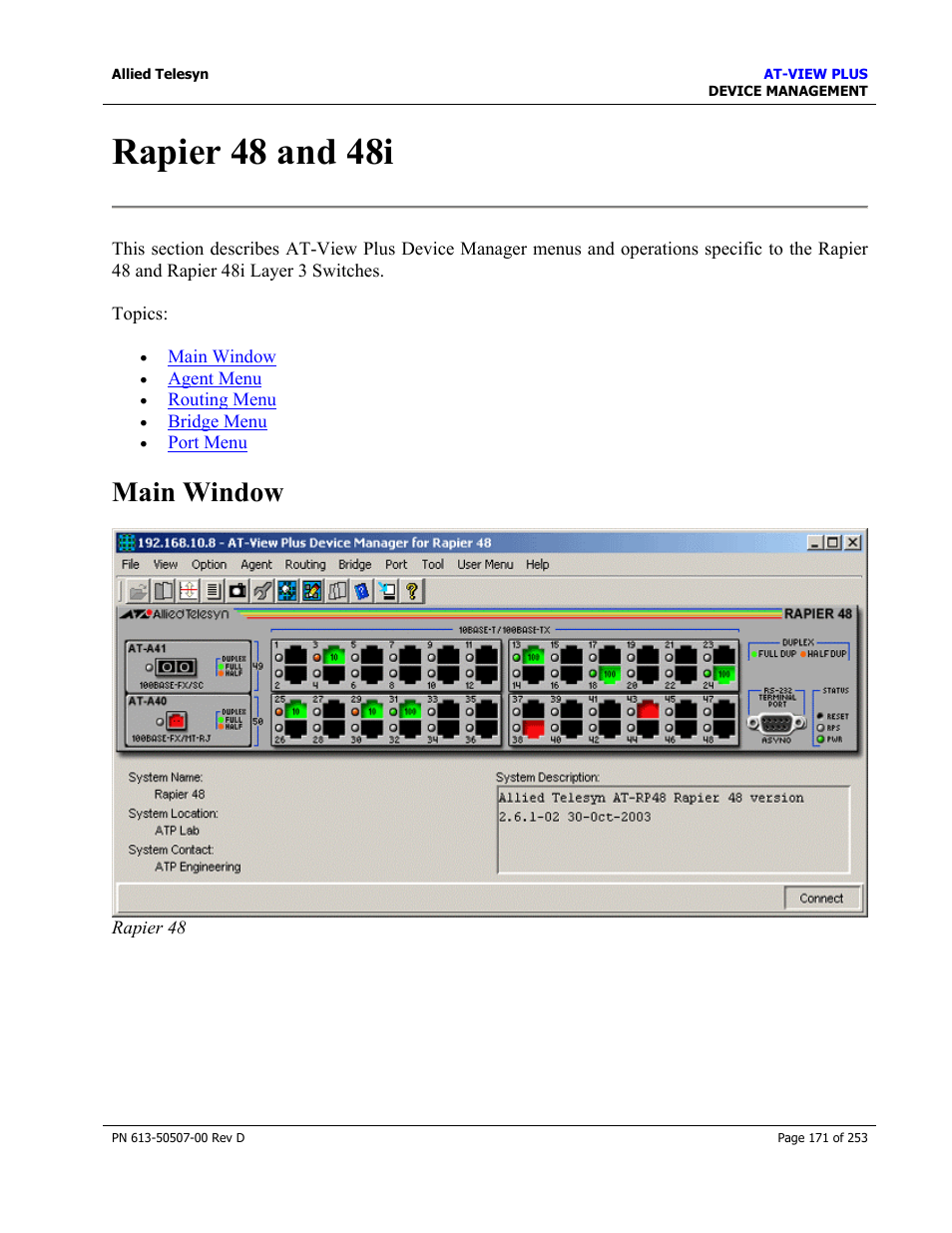 Rapier 48 and 48i, Main window | Allied Telesis AT-VIEW PLUS 2.4 DEVICE MANAGEMENT User Manual | Page 171 / 253