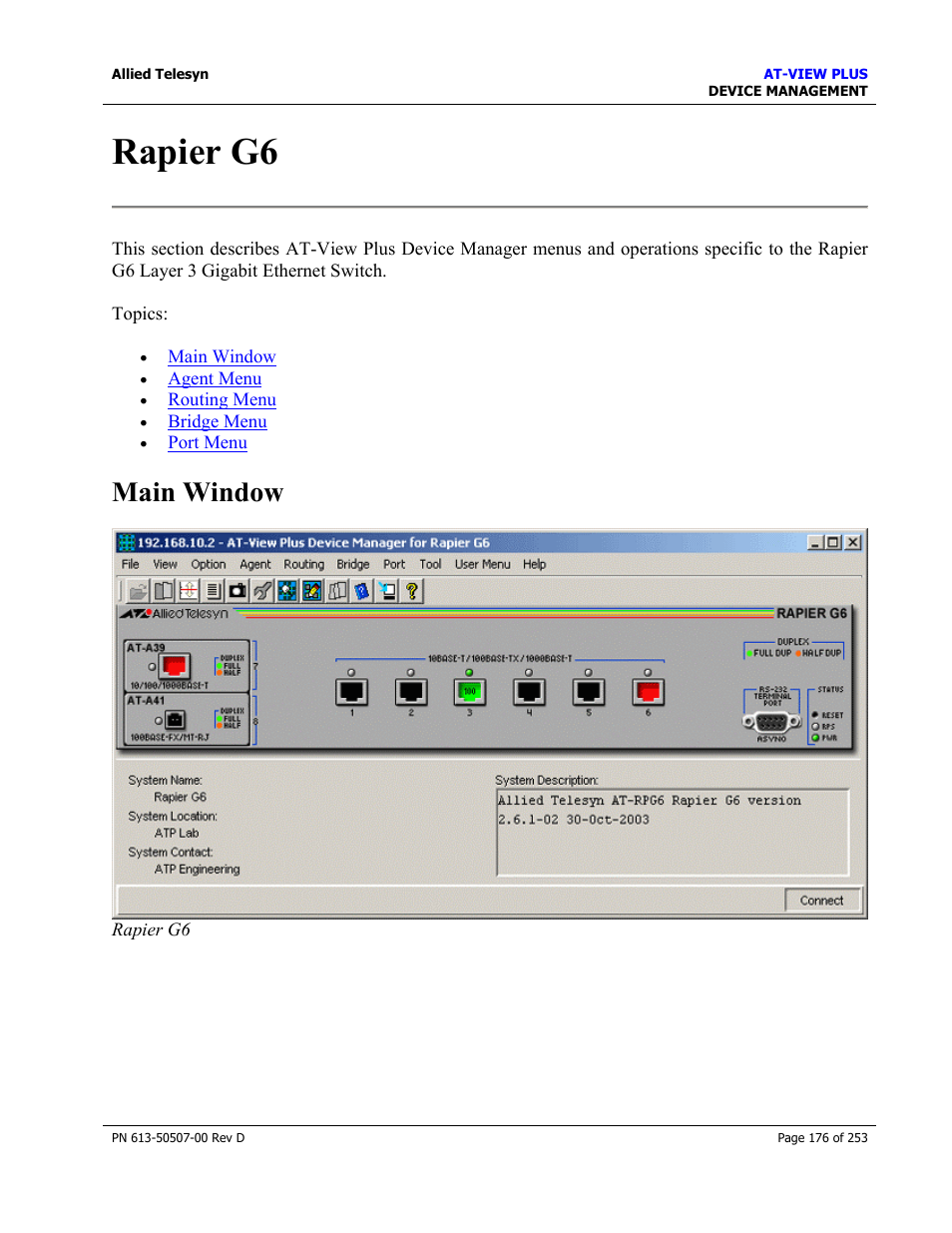 Rapier g6, Main window | Allied Telesis AT-VIEW PLUS 2.4 DEVICE MANAGEMENT User Manual | Page 176 / 253