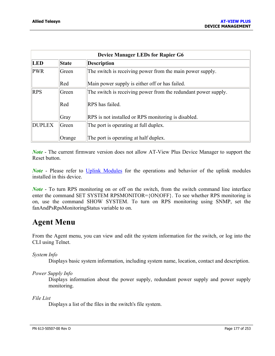Agent menu | Allied Telesis AT-VIEW PLUS 2.4 DEVICE MANAGEMENT User Manual | Page 177 / 253
