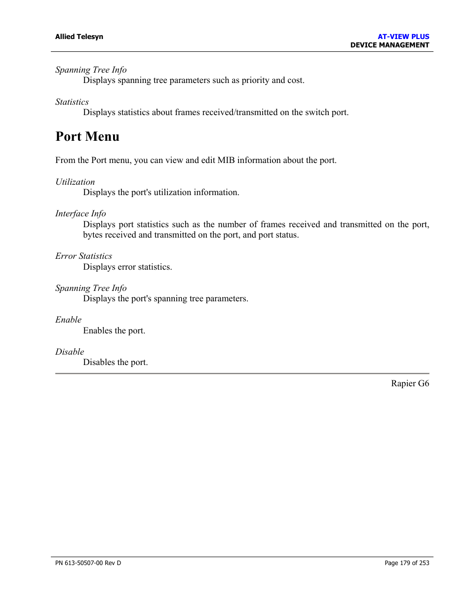 Port menu | Allied Telesis AT-VIEW PLUS 2.4 DEVICE MANAGEMENT User Manual | Page 179 / 253