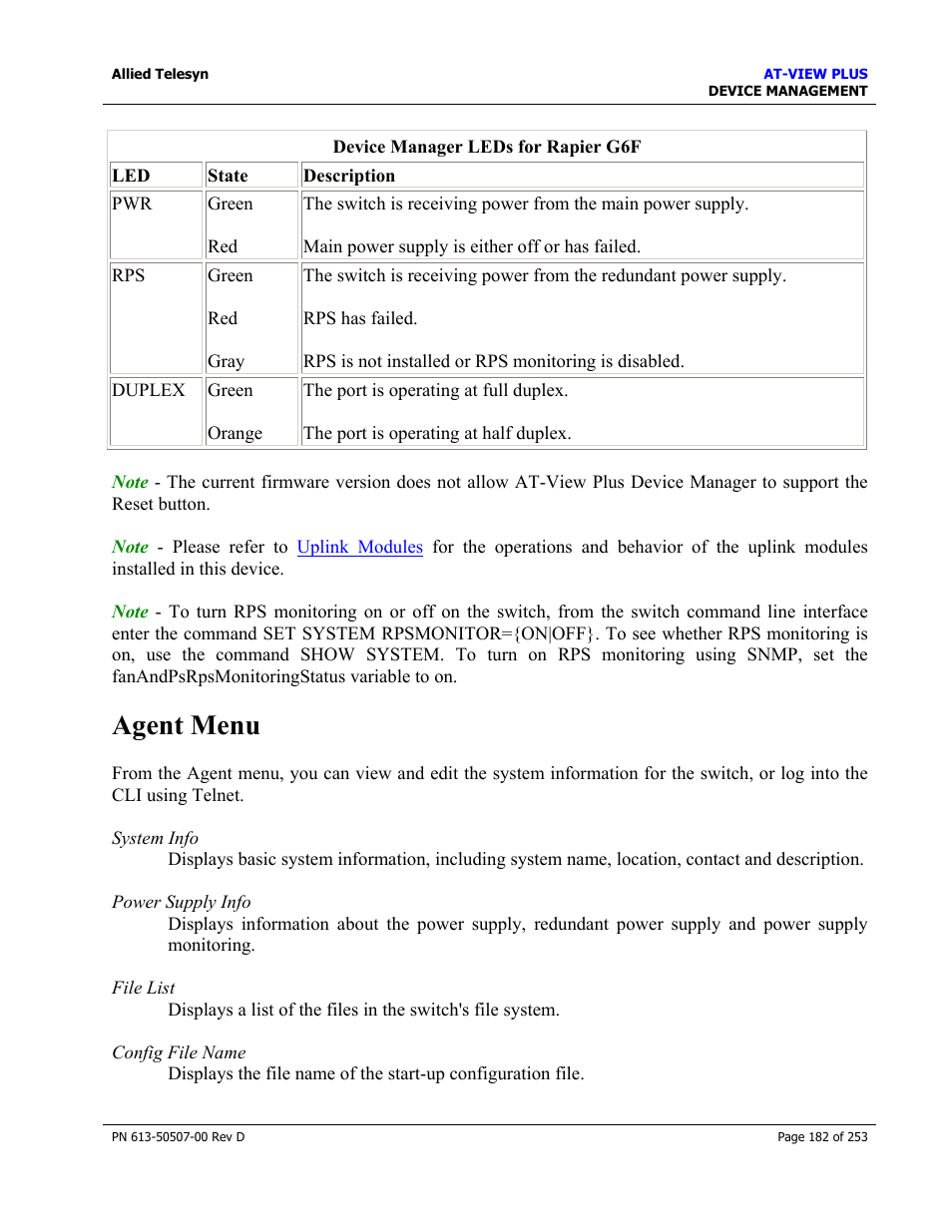 Agent menu | Allied Telesis AT-VIEW PLUS 2.4 DEVICE MANAGEMENT User Manual | Page 182 / 253