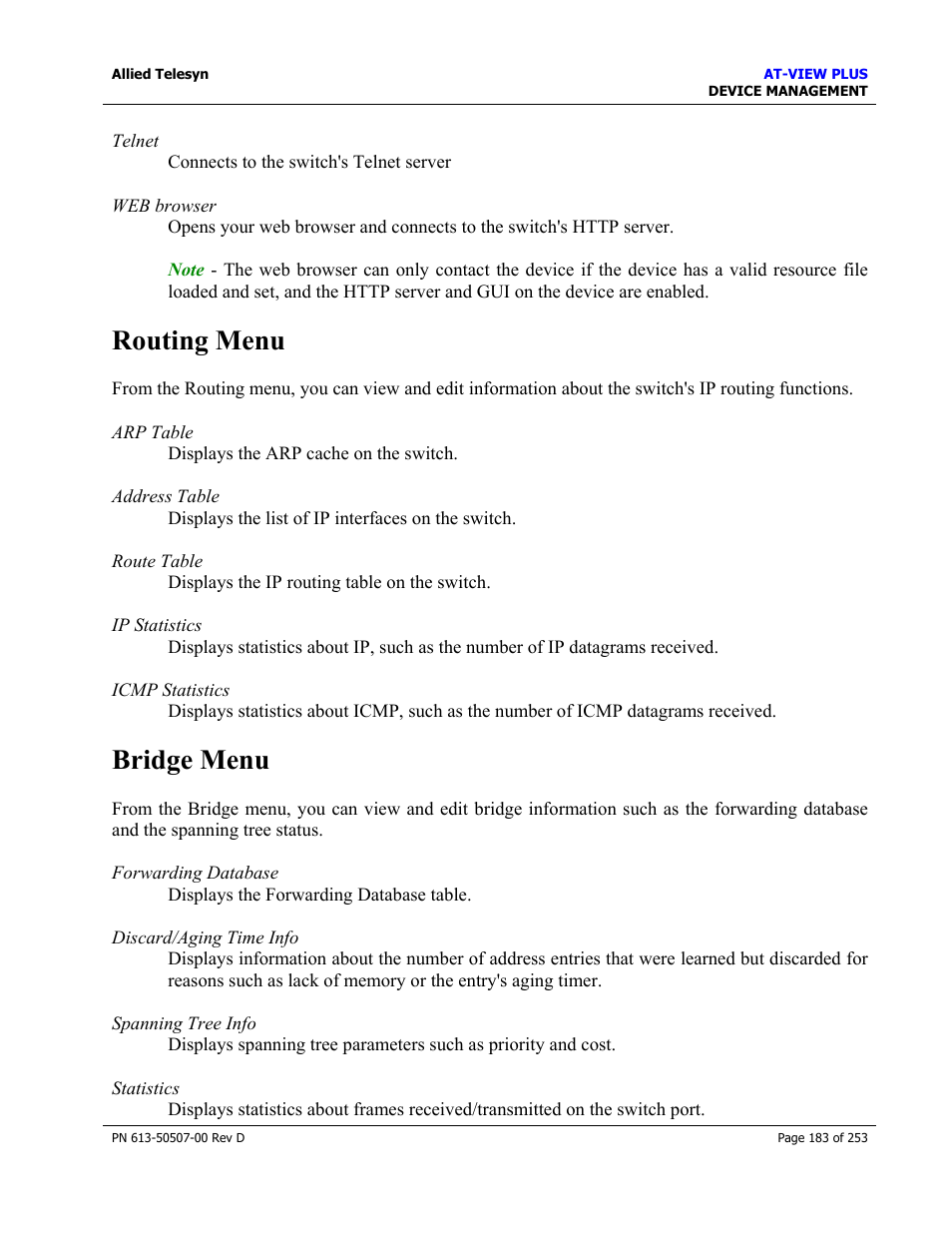 Routing menu, Bridge menu, Routing menu bridge menu | Allied Telesis AT-VIEW PLUS 2.4 DEVICE MANAGEMENT User Manual | Page 183 / 253
