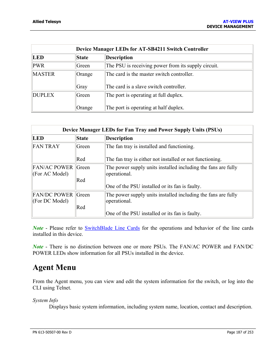 Agent menu | Allied Telesis AT-VIEW PLUS 2.4 DEVICE MANAGEMENT User Manual | Page 187 / 253