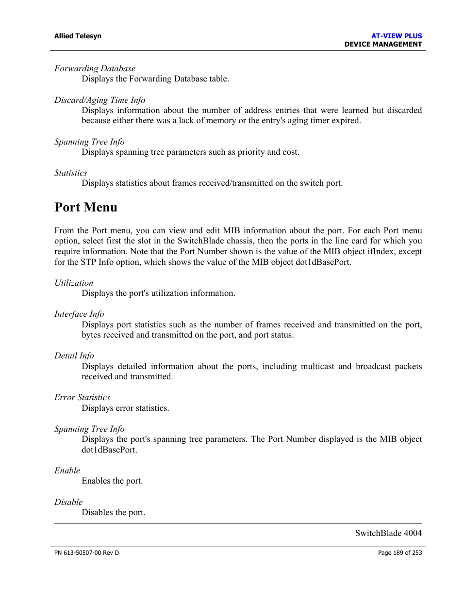 Port menu | Allied Telesis AT-VIEW PLUS 2.4 DEVICE MANAGEMENT User Manual | Page 189 / 253