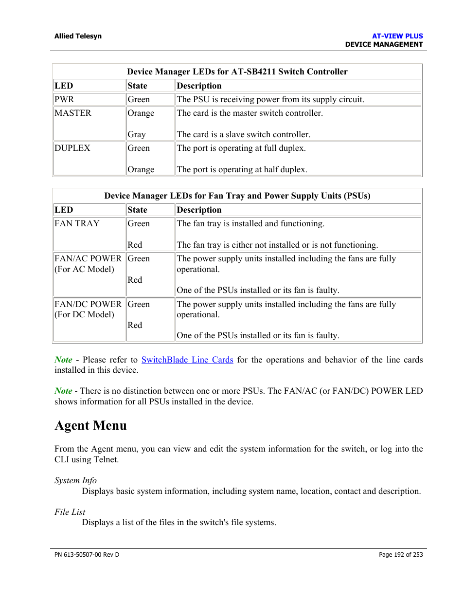 Agent menu | Allied Telesis AT-VIEW PLUS 2.4 DEVICE MANAGEMENT User Manual | Page 192 / 253