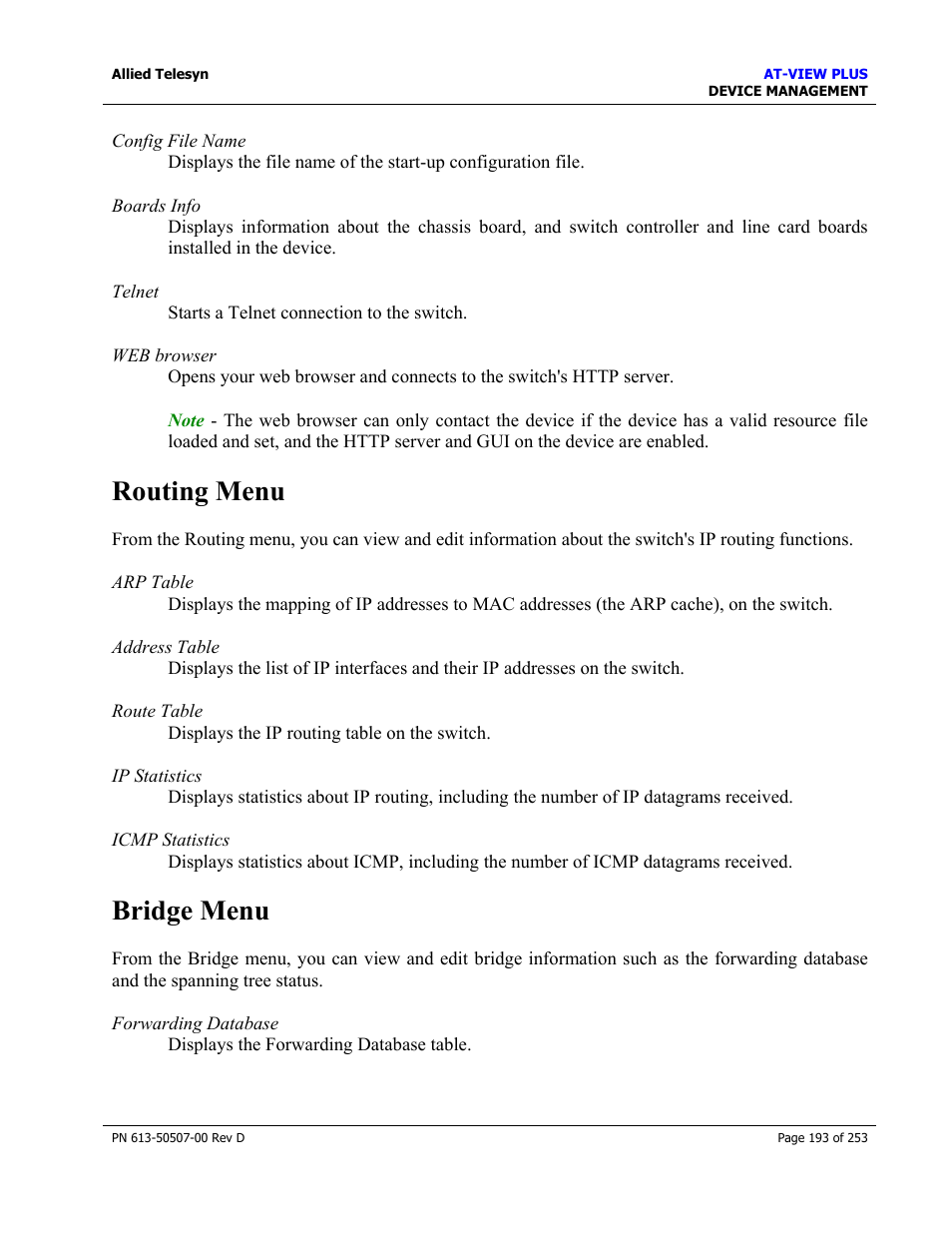 Routing menu, Bridge menu, Routing menu bridge menu | Allied Telesis AT-VIEW PLUS 2.4 DEVICE MANAGEMENT User Manual | Page 193 / 253